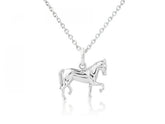 A sterling silver pendant in the shape of a dressage horse in motion, accompanied by an adjustable sterling silver chain.